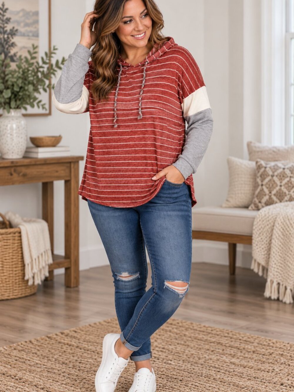 Womens L Red Striped Hooded Top Colorblock Long Sleeve Lightweight Pullover